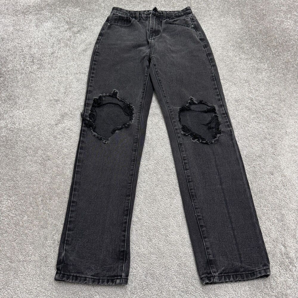 PrettyLittleThing High Rise Straight Distressed Jeans Women UK 8 EU 36 Black